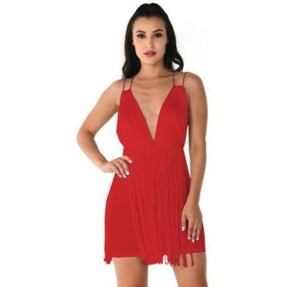 Red Fringe Waist Stretchy Sleeveless Plunge V Neck Bodycon Mini Dress NWT